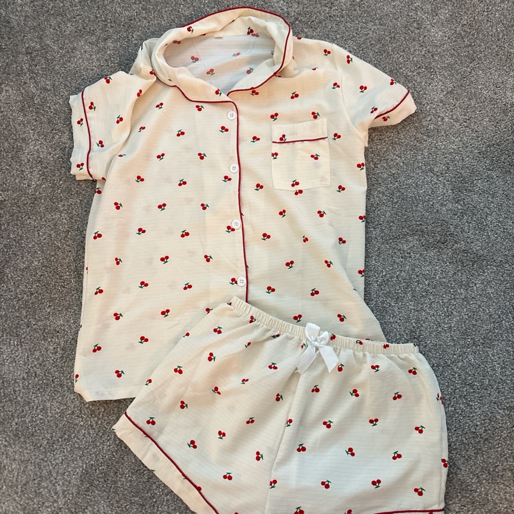 Cherry Print Pajamas - Cream and Red